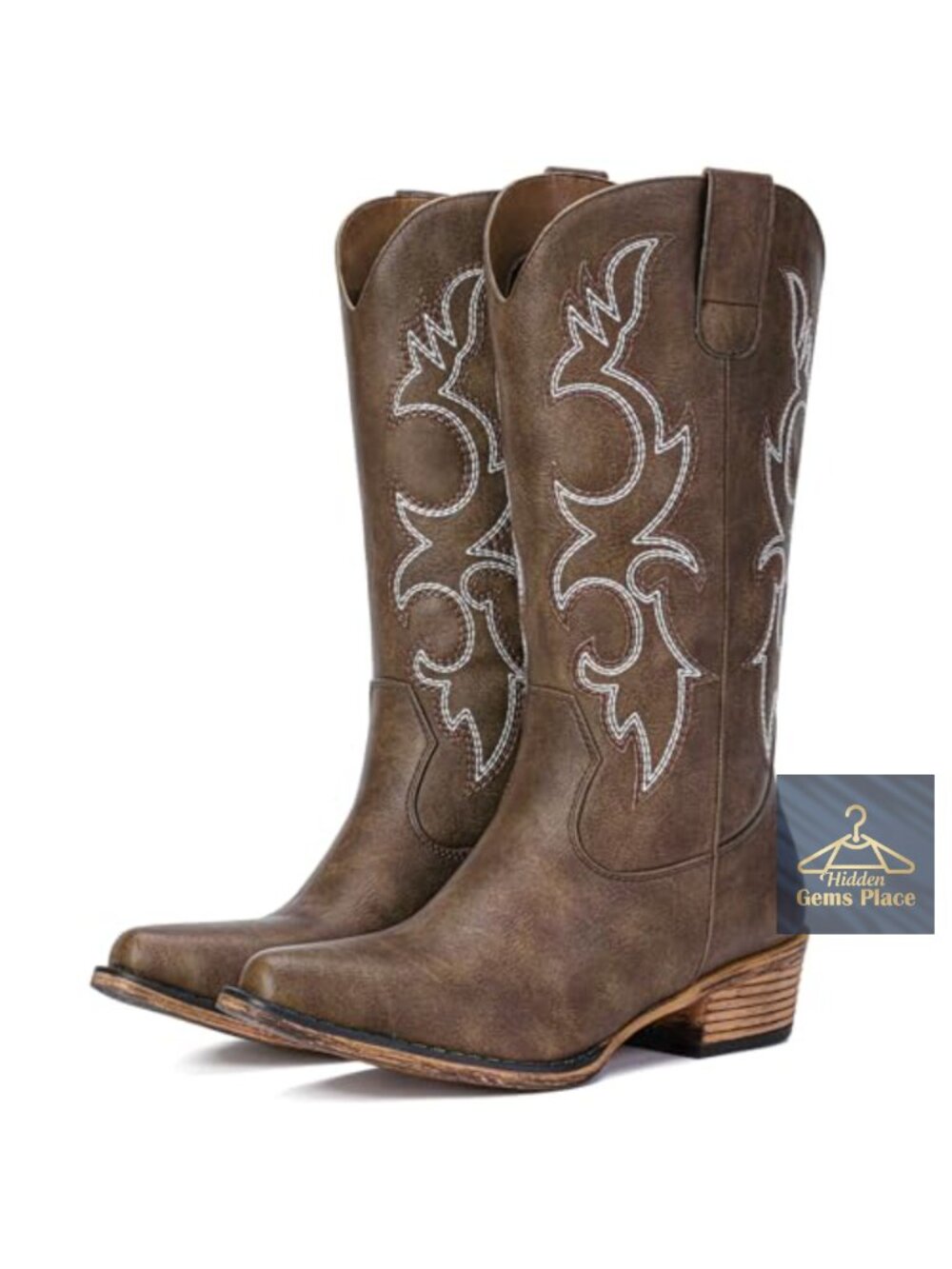 Women's Mid Calf Cowboy Boots Snip Toe Embroidered Chunky Heel Pull On Faux